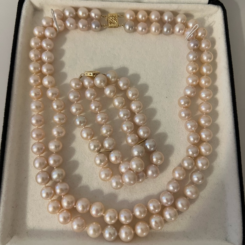 Pink and lavender Pearl double strand necklace and bracelet set